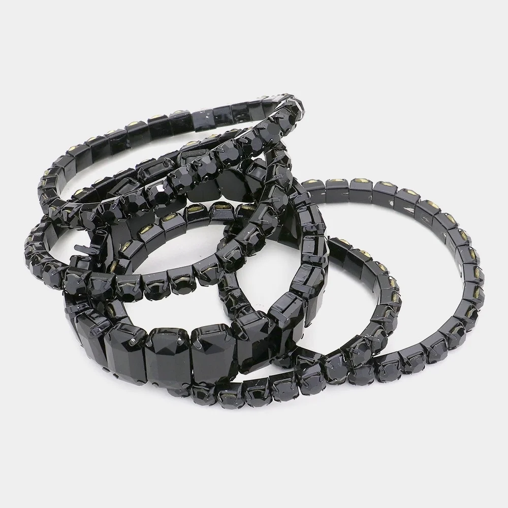 Black Emerald Cut Crystal Wide Stretch Bracelet 5 Pcs Bling 1.75 Inches